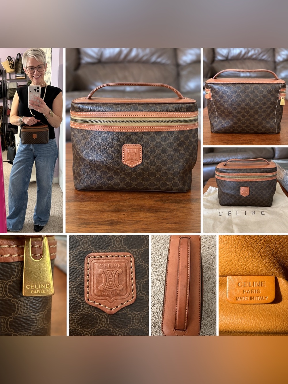 Celine Brown Macadam Canvas Toiletry Vanity Case with Tan Trim